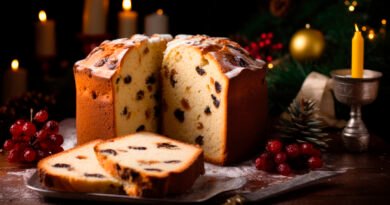 Traditional Christmas Panettone With Christmas Decoration Background On Wooden Table.