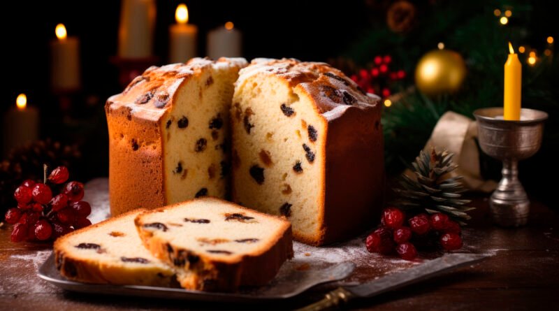 Traditional Christmas Panettone With Christmas Decoration Background On Wooden Table.